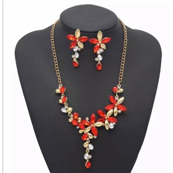 NEW Necklace Earrings set Red Rhinestone Matching jewelry Choker 18" 20" lot m - Picture 2 of 4